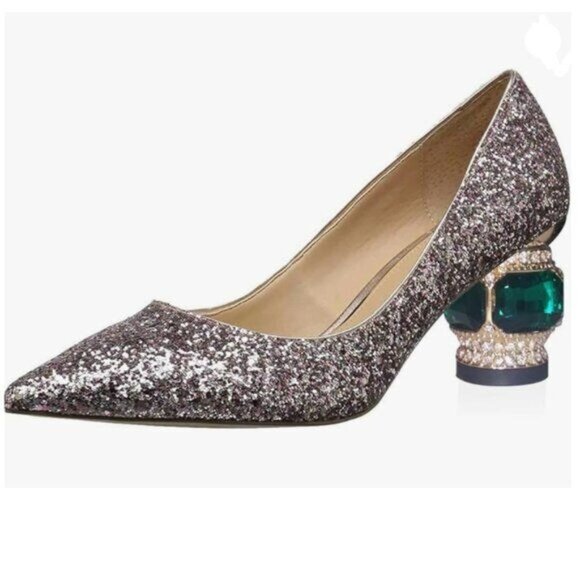 FSJ Dark Pink Gorgeous Crystal Chunky Low Heel Slip on Pointed Toe Glitter Pump - Picture 1 of 8